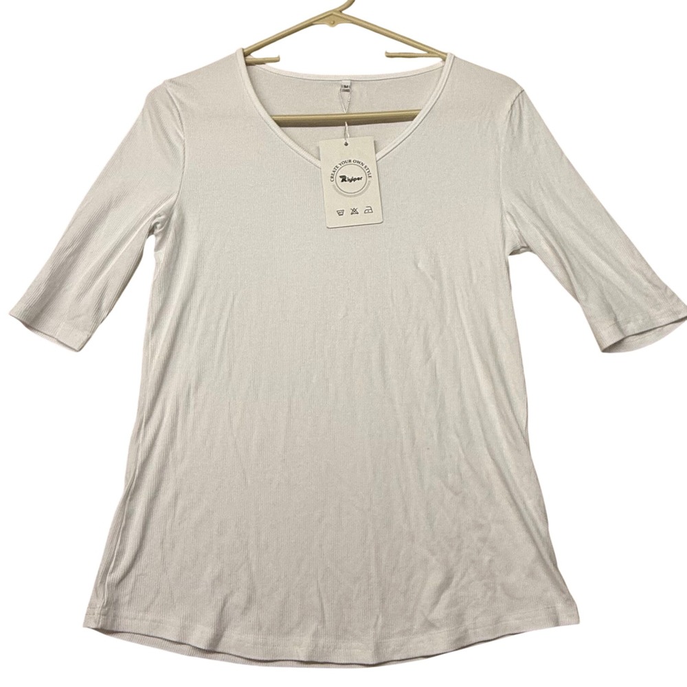Riyiper White Ribbed V-Neck Elbow Sleeve Top Cotton Blend NWT Size M